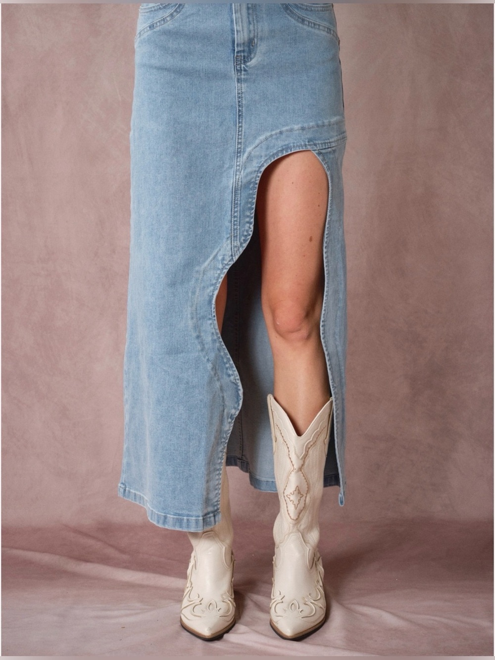 Cowgirl Light Wash Denim Maxi Skirt with Sculpted Side Slit